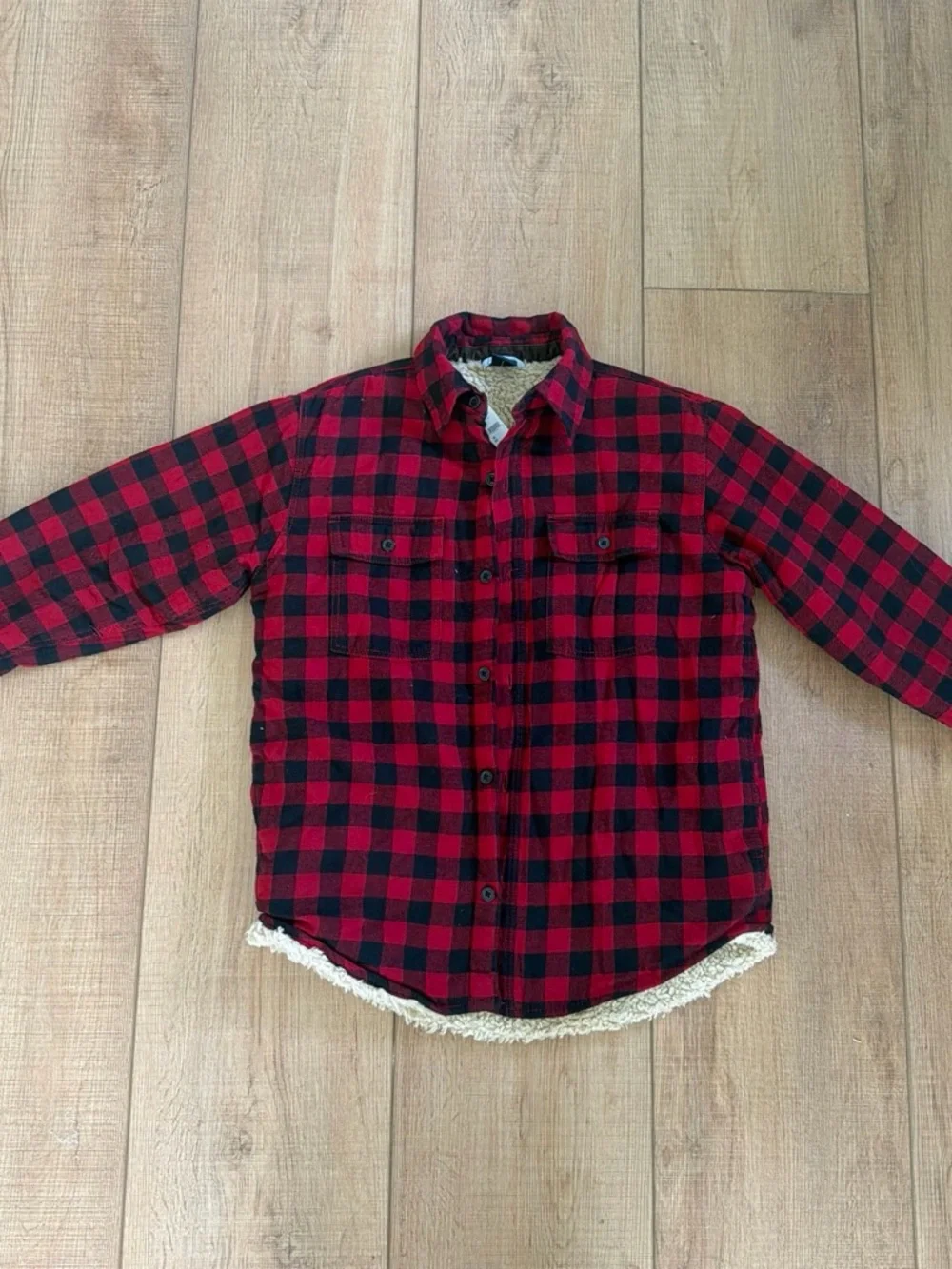 Gap kids size medium red and Black Plaid Sherpa-Lined long button up Jacket nwt